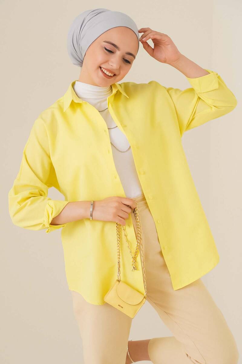 103901 Oversize Basic Tesettür Gömlek - Sarı - BİGDART