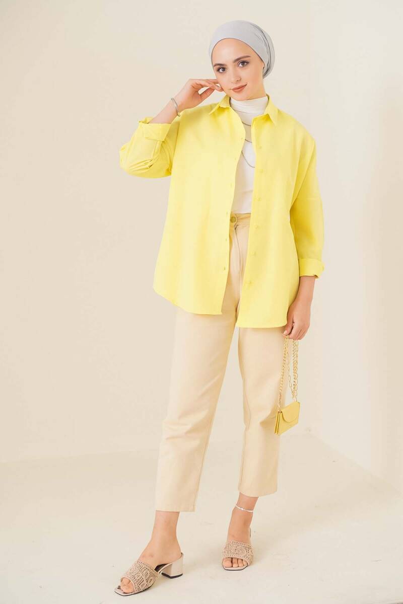 103901 Oversize Basic Tesettür Gömlek - Sarı (1)
