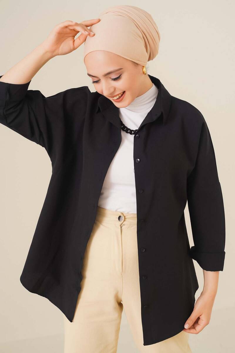 103901 Oversize Basic Tesettür Gömlek - Siyah - BİGDART
