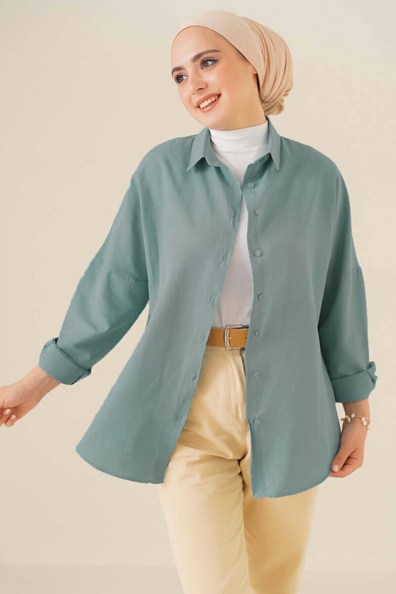 103901 Oversize Basic Tesettür Gömlek - Su Yeşili - BİGDART