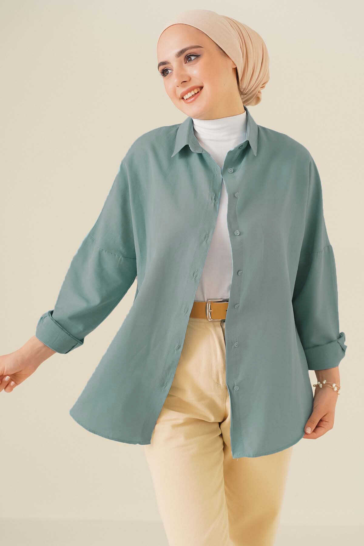 103901 Oversize Basic Tesettür Gömlek - Su Yeşili - 1