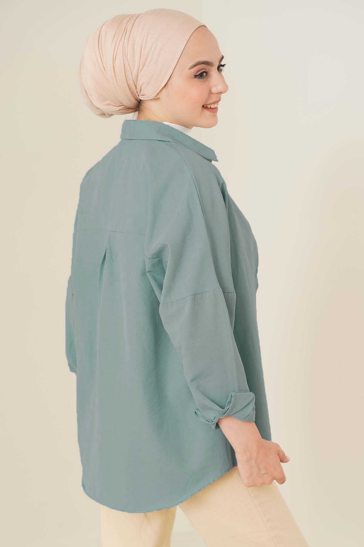 103901 Oversize Basic Tesettür Gömlek - Su Yeşili - 2