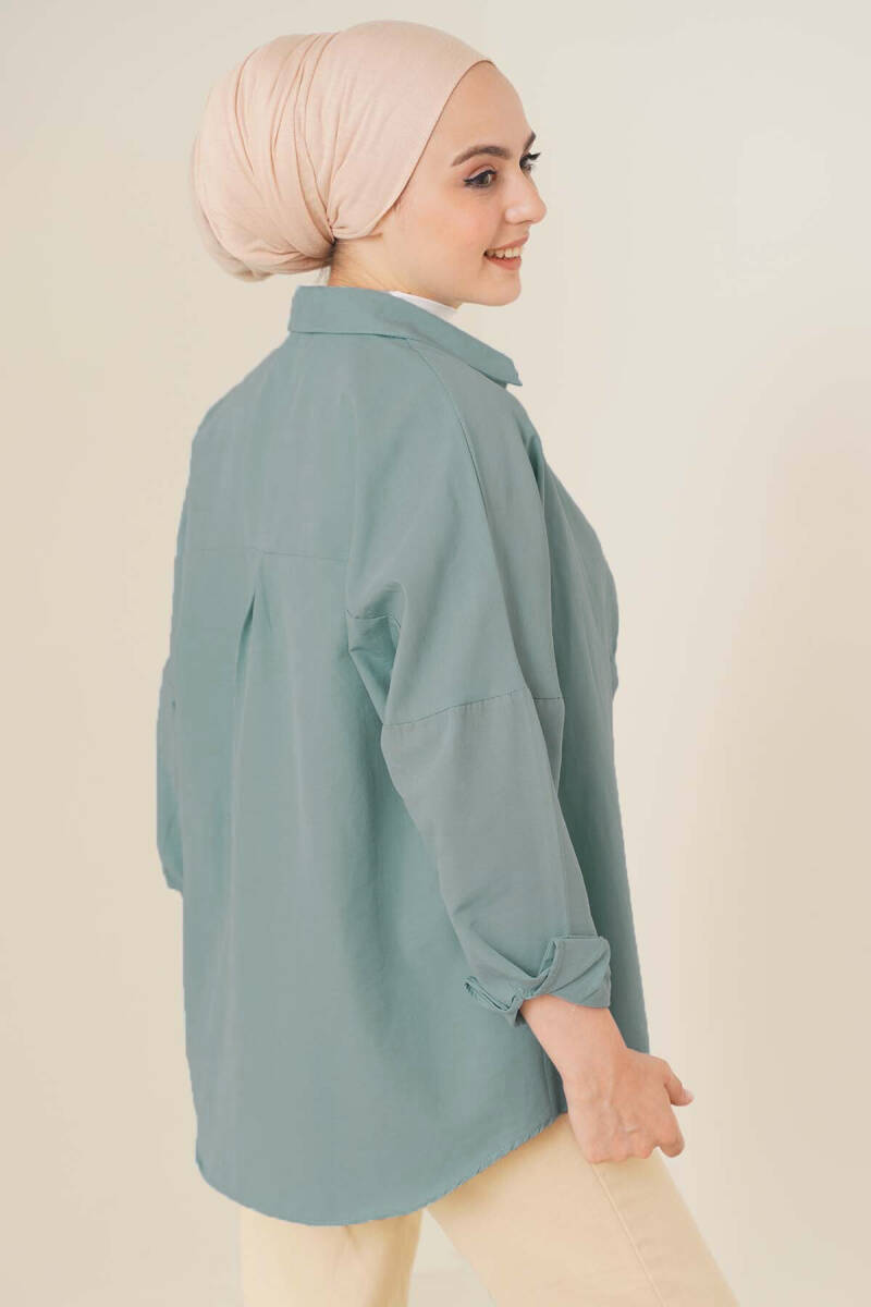 103901 Oversize Basic Tesettür Gömlek - Su Yeşili (1)