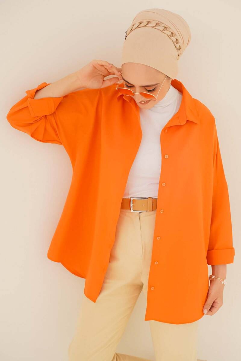 103901 Oversize Basic Tesettür Gömlek - Turuncu - BİGDART