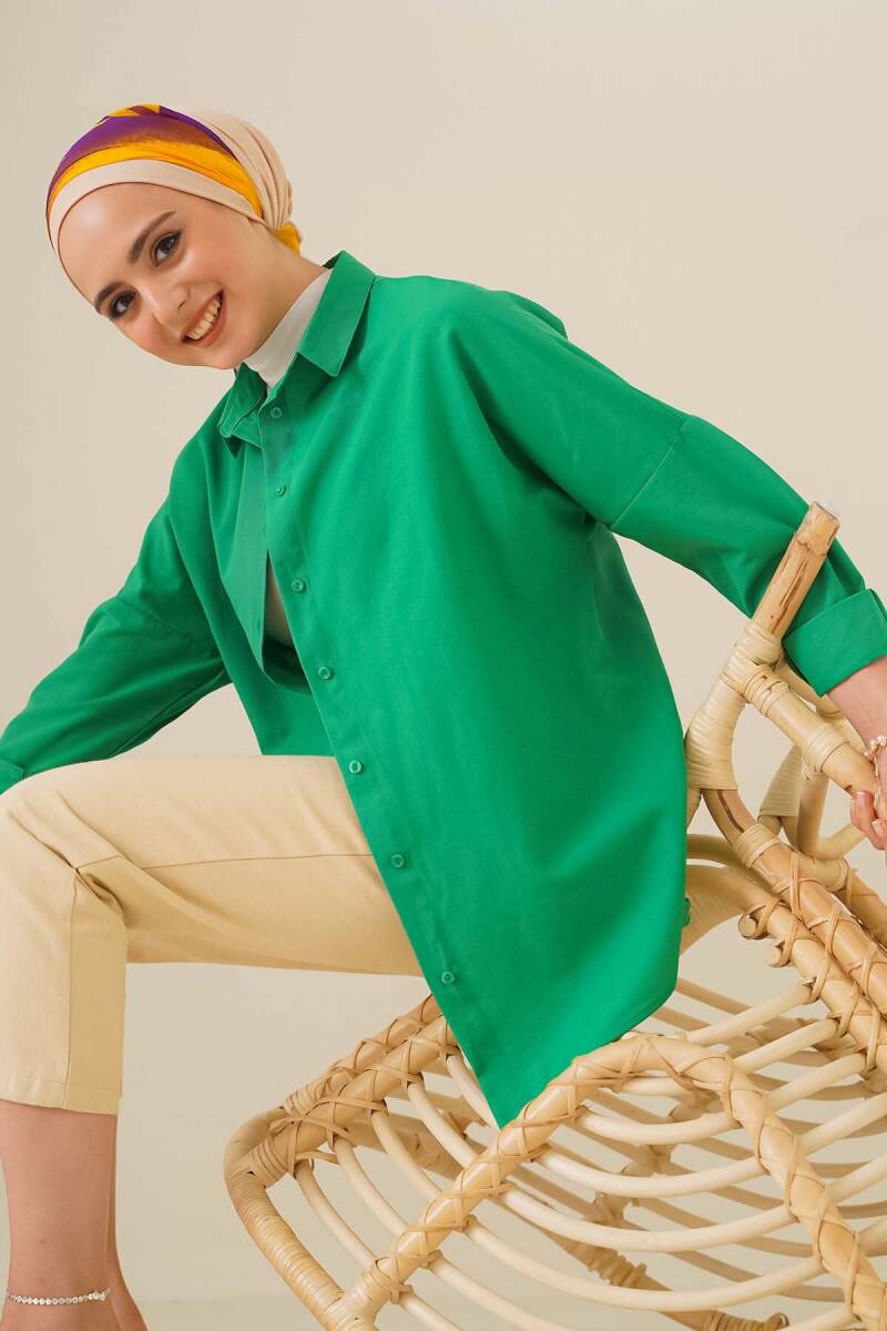 103901 Oversize Basic Tesettür Gömlek - Yeşil - BİGDART