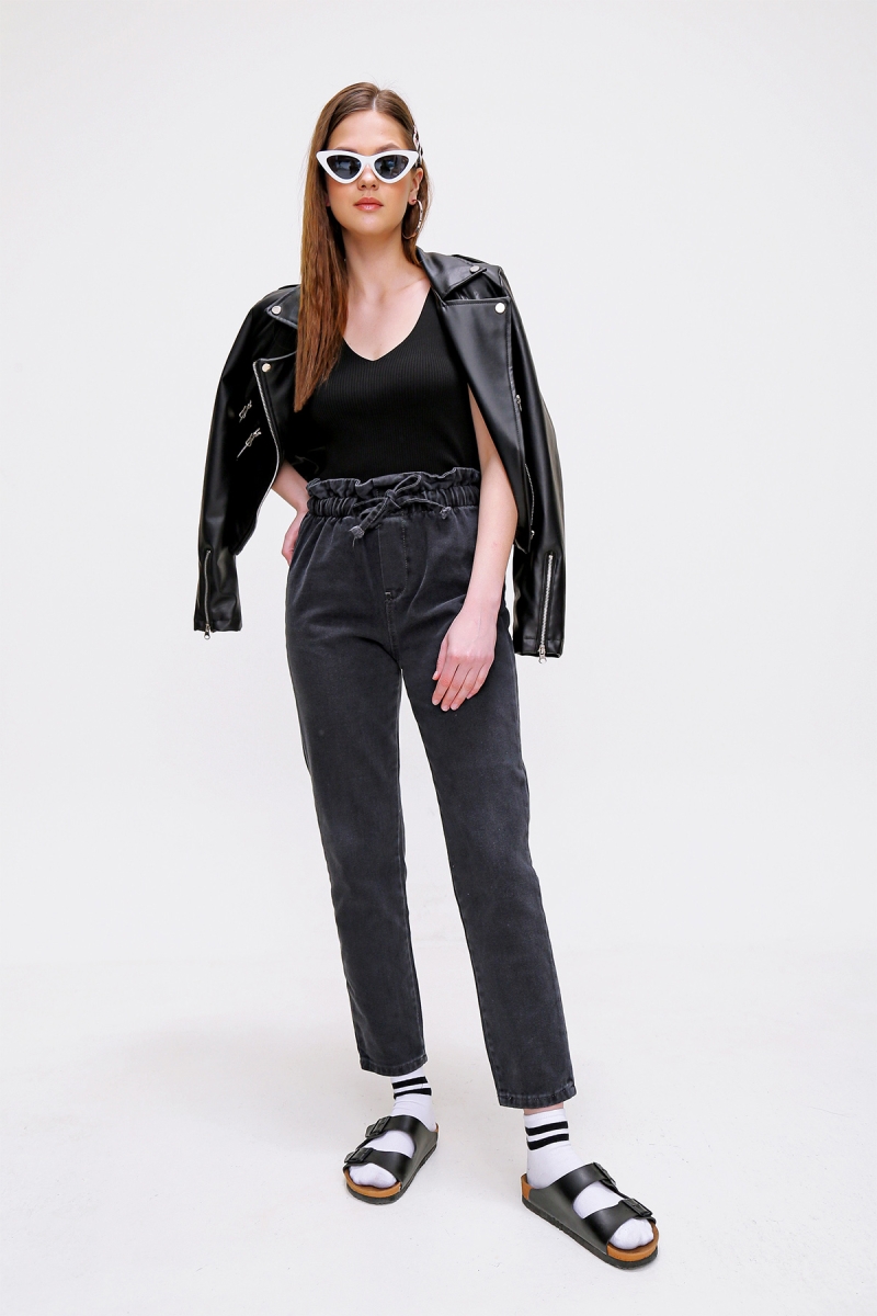 10402 Bel Büzgülü Mom Jean - Füme - BİGDART