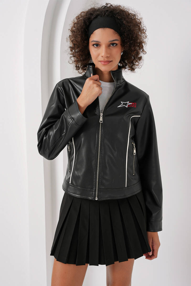 1041 Dik Yaka Suni Deri Ceket - Siyah - BİGDART
