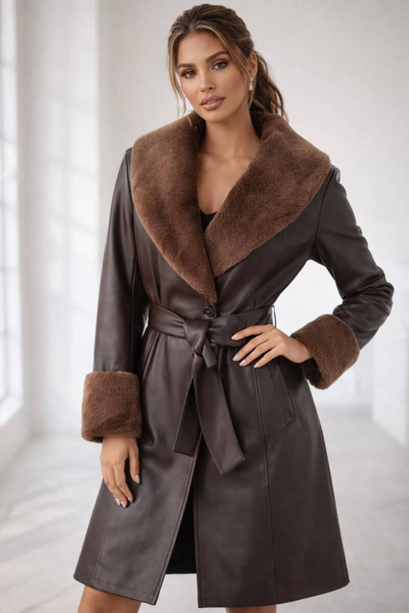 1045 Kürklü Suni Deri Kaban - Kahverengi - BİGDART