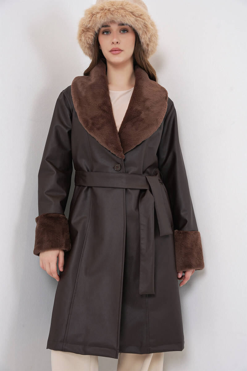 1045 Kürklü Suni Deri Kaban - Kahverengi - BİGDART