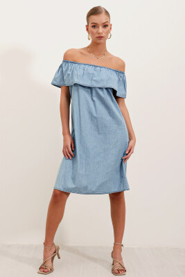 1481 Omuz Açık Kot Elbise - Açık Mavi - BİGDART