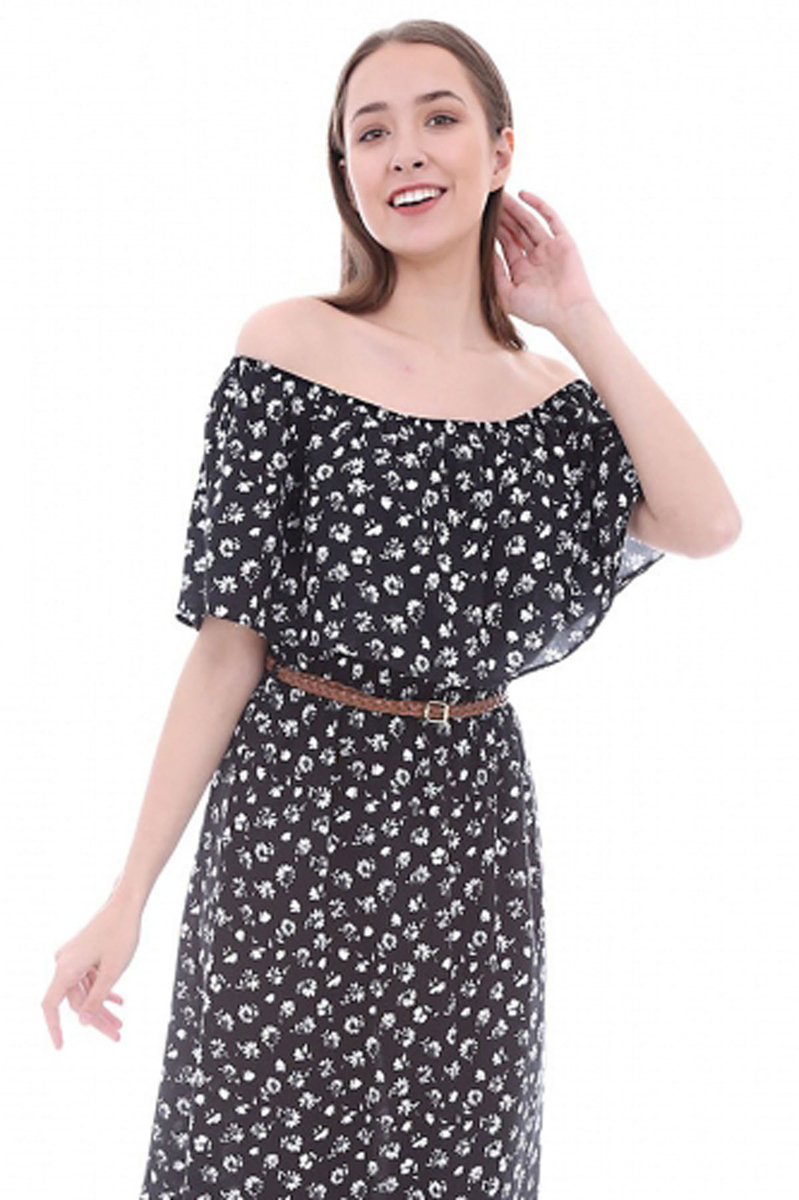 1505 OMUZ LASTİKLİ DESENLİ ELBİSE - Siyah - BİGDART