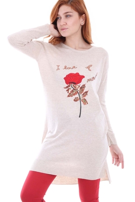 15096 GÜL DETAYLI TRİKO TUNİK - Bej - BİGDART