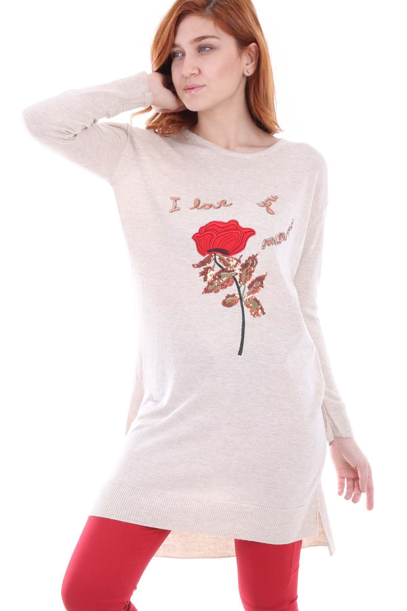 15096 GÜL DETAYLI TRİKO TUNİK - Bej - BİGDART