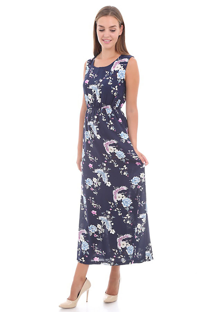 1513 BELİ LASTİK DESENLİ ELBİSE - Lacivert - BİGDART