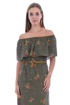 1515 OMUZ AÇIK DESENLİ ELBİSE - Haki - BİGDART