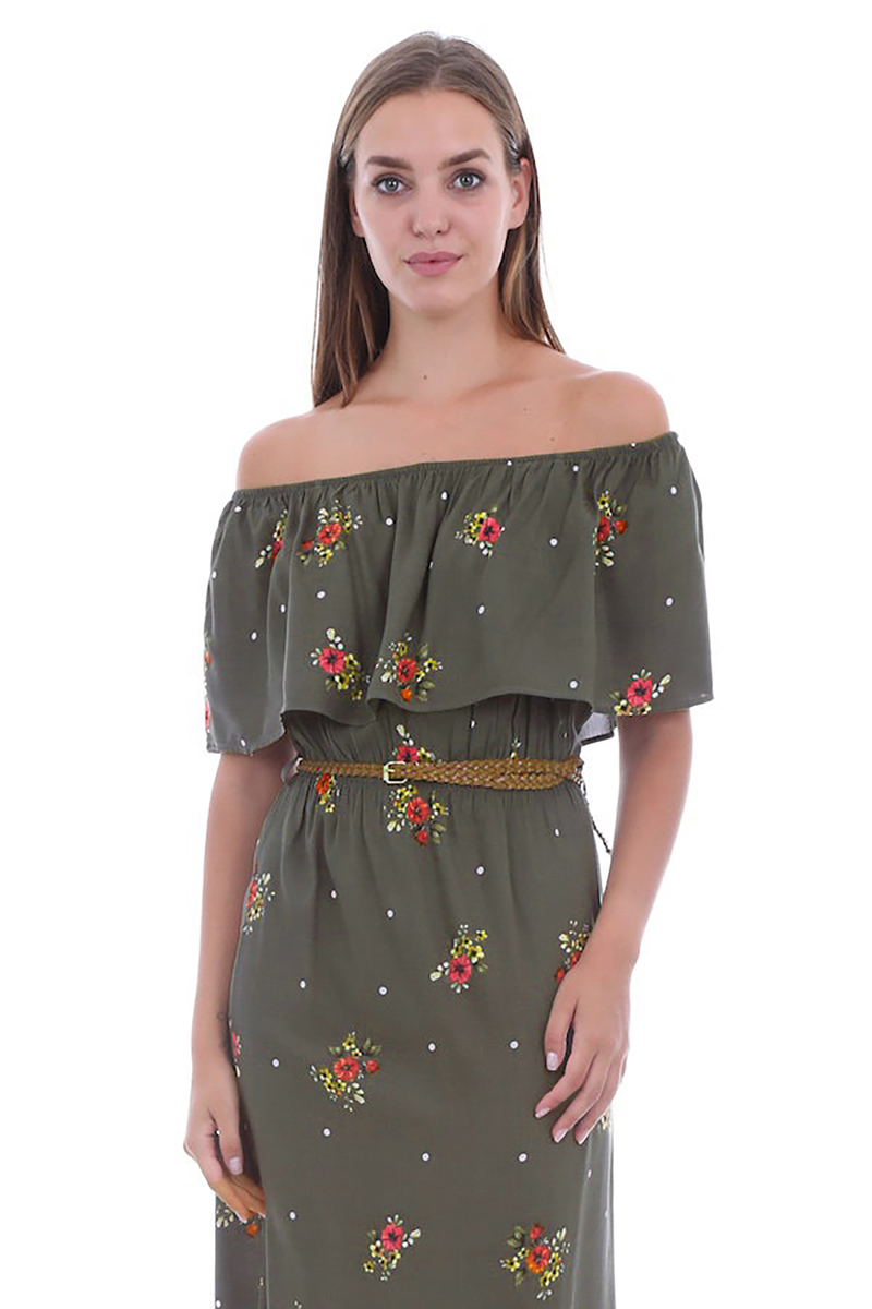 1515 OMUZ AÇIK DESENLİ ELBİSE - Haki - BİGDART