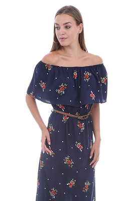 1515 OMUZ AÇIK DESENLİ ELBİSE - Lacivert - BİGDART