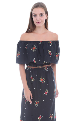 1515 OMUZ AÇIK DESENLİ ELBİSE - Siyah - BİGDART