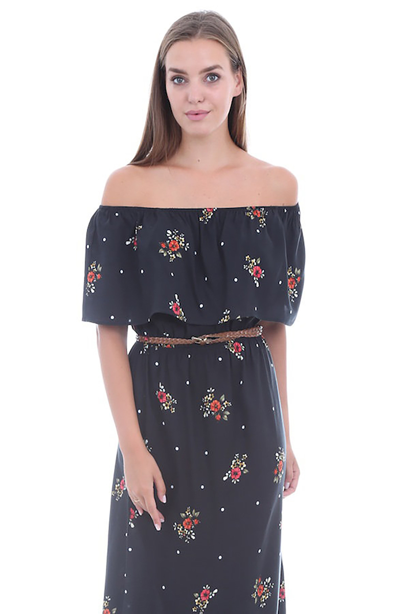 1515 OMUZ AÇIK DESENLİ ELBİSE - Siyah - BİGDART