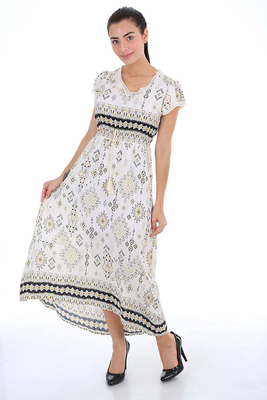 1518 BEL İP BÜZGÜLÜ DESENLİ ELBİSE - Ekru - BİGDART