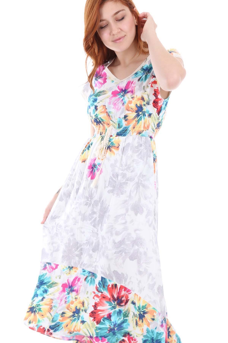 1518 BEL İP BÜZGÜLÜ DESENLİ ELBİSE - Gri - BİGDART