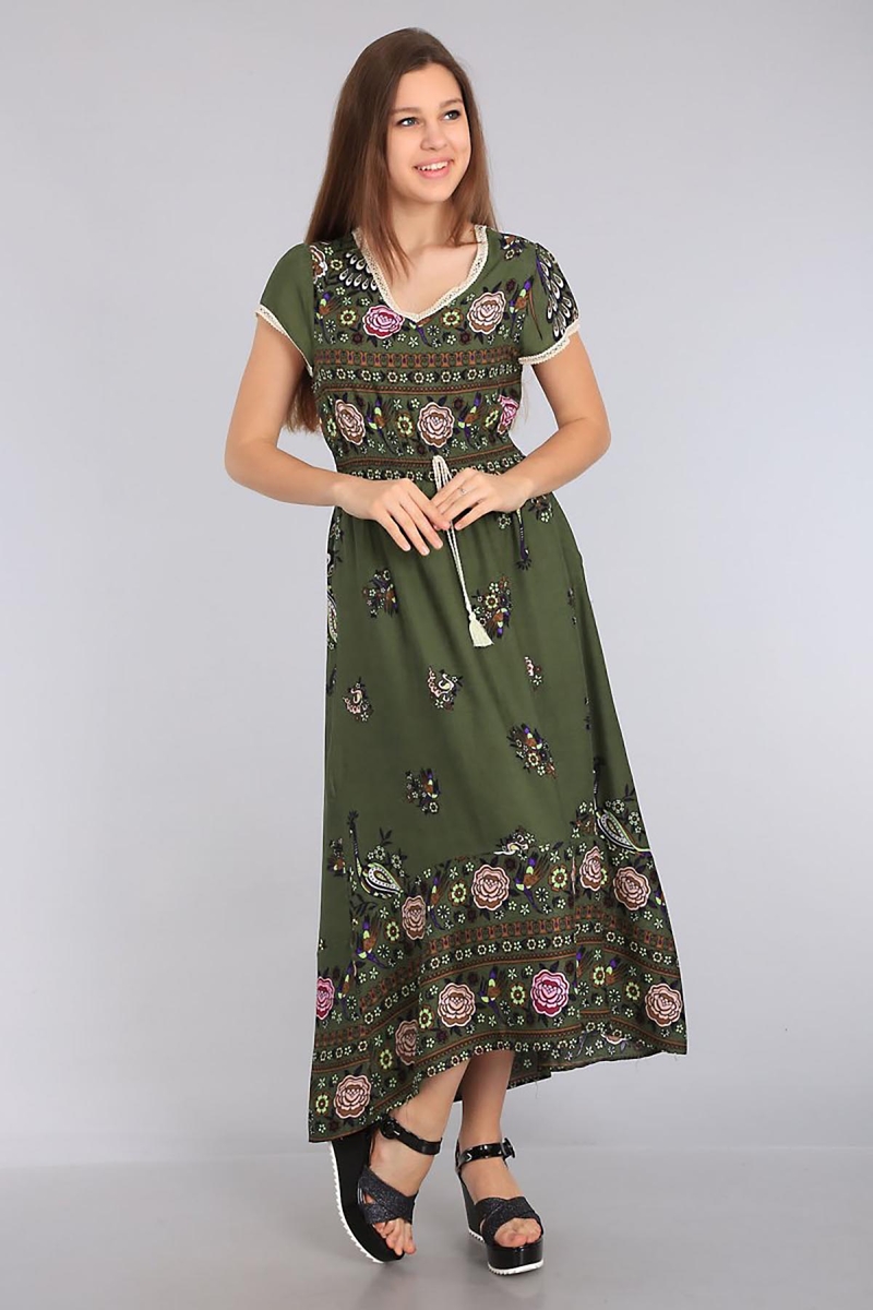 1518 BEL İP BÜZGÜLÜ DESENLİ ELBİSE - Haki - BİGDART