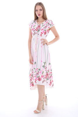 1518 BEL İP BÜZGÜLÜ DESENLİ ELBİSE - Kırmızı - BİGDART