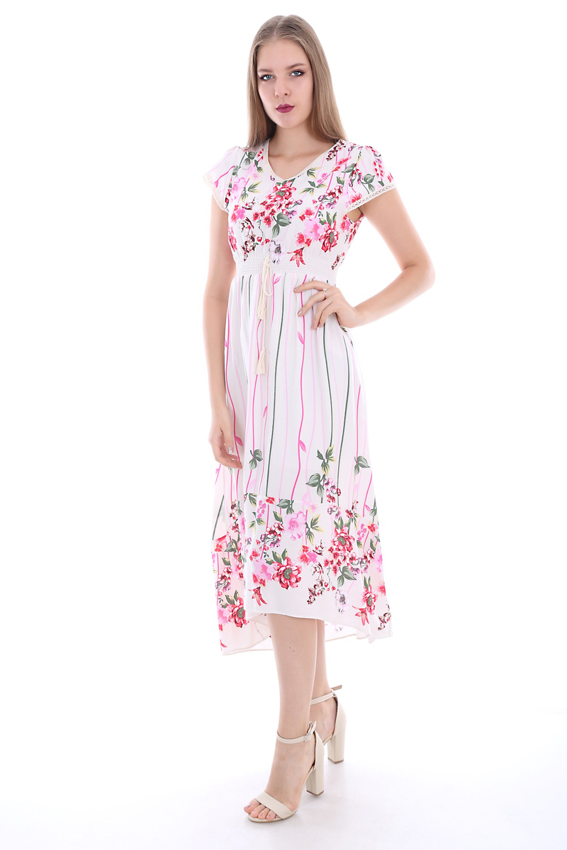 1518 BEL İP BÜZGÜLÜ DESENLİ ELBİSE - Kırmızı - BİGDART