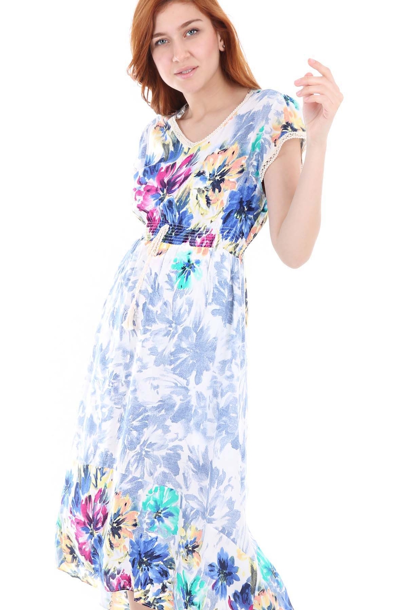 1518 BEL İP BÜZGÜLÜ DESENLİ ELBİSE - Koyu Mavi - BİGDART