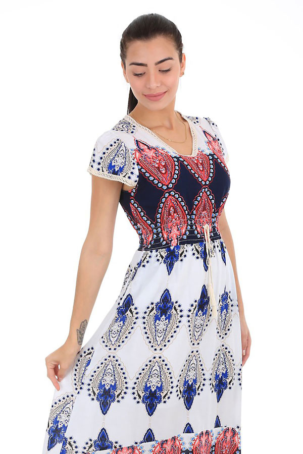 1518 BEL İP BÜZGÜLÜ DESENLİ ELBİSE - Lacivert - BİGDART