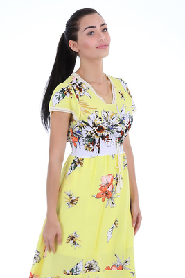 1518 BEL İP BÜZGÜLÜ DESENLİ ELBİSE - Sarı - BİGDART