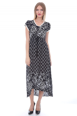 1518 BEL İP BÜZGÜLÜ DESENLİ ELBİSE - Siyah - BİGDART