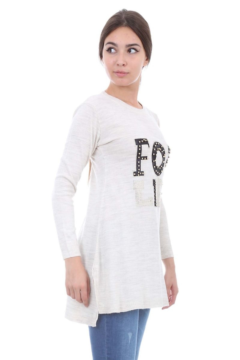 15201 İNCİLİ TRİKO TUNİK - Ekru - BİGDART