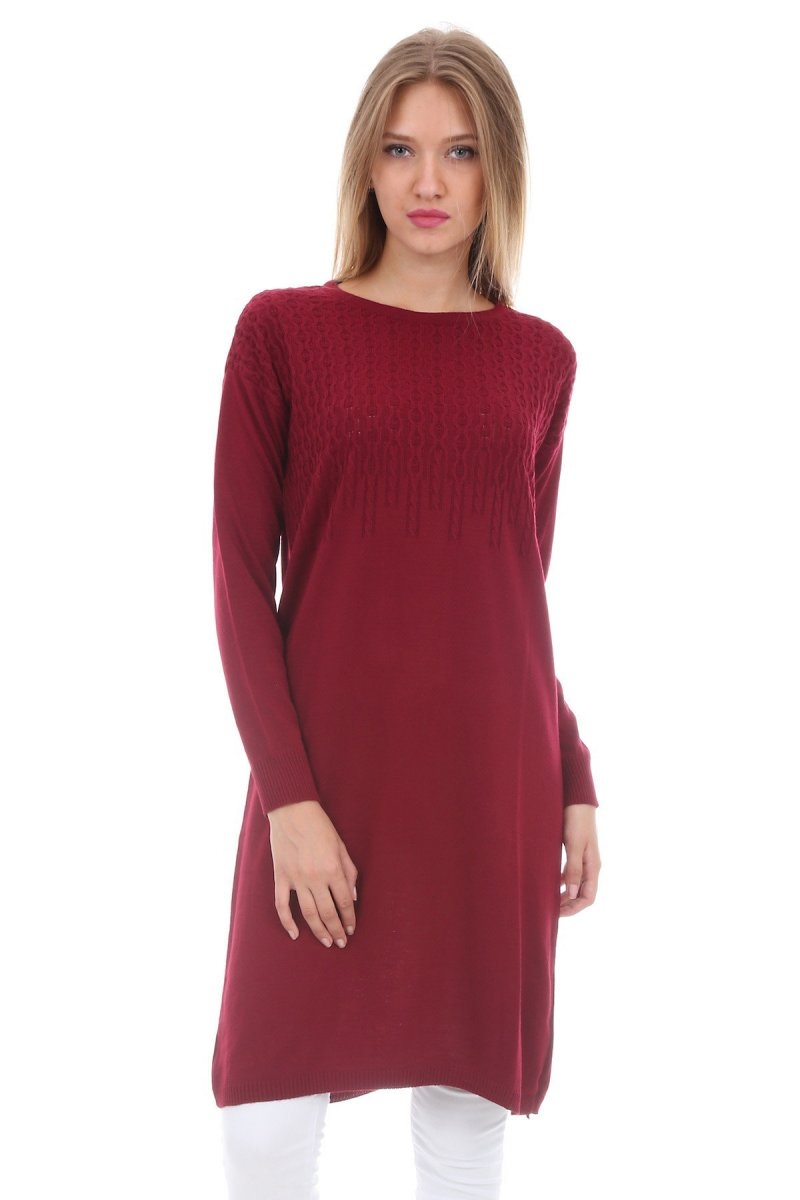 15207 OMUZU DESENLİ TRİKO TUNİK - Bordo - BİGDART