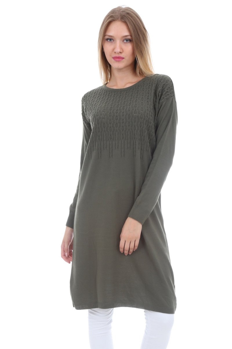 15207 OMUZU DESENLİ TRİKO TUNİK - Haki - BİGDART