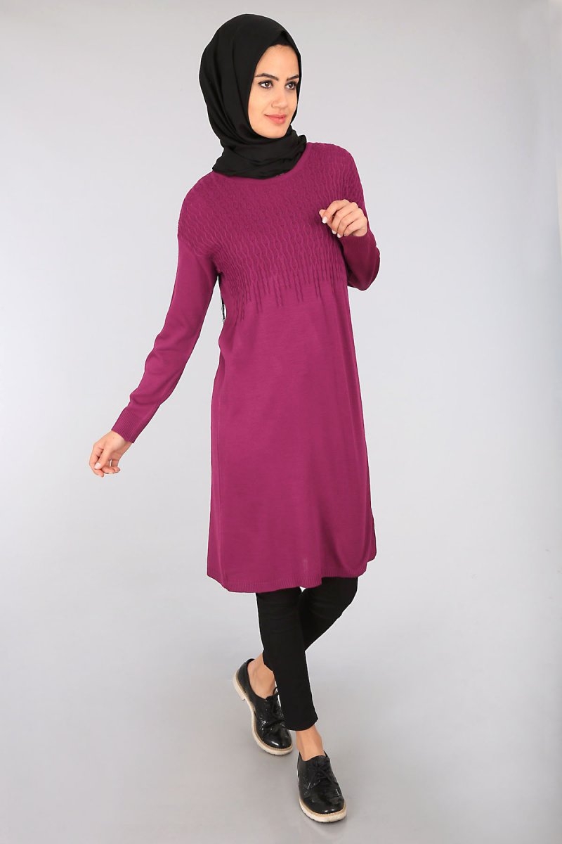 15207 OMUZU DESENLİ TRİKO TUNİK - Mürdüm - BİGDART