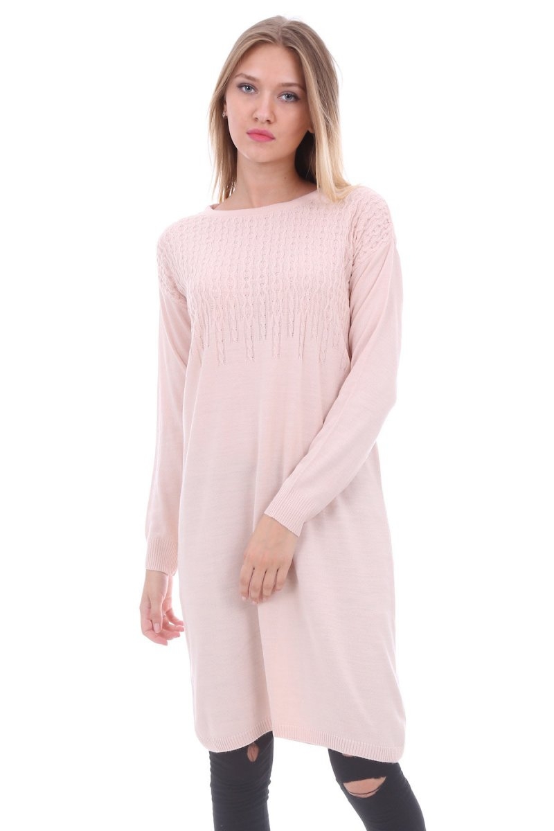 15207 OMUZU DESENLİ TRİKO TUNİK - Pudra - BİGDART
