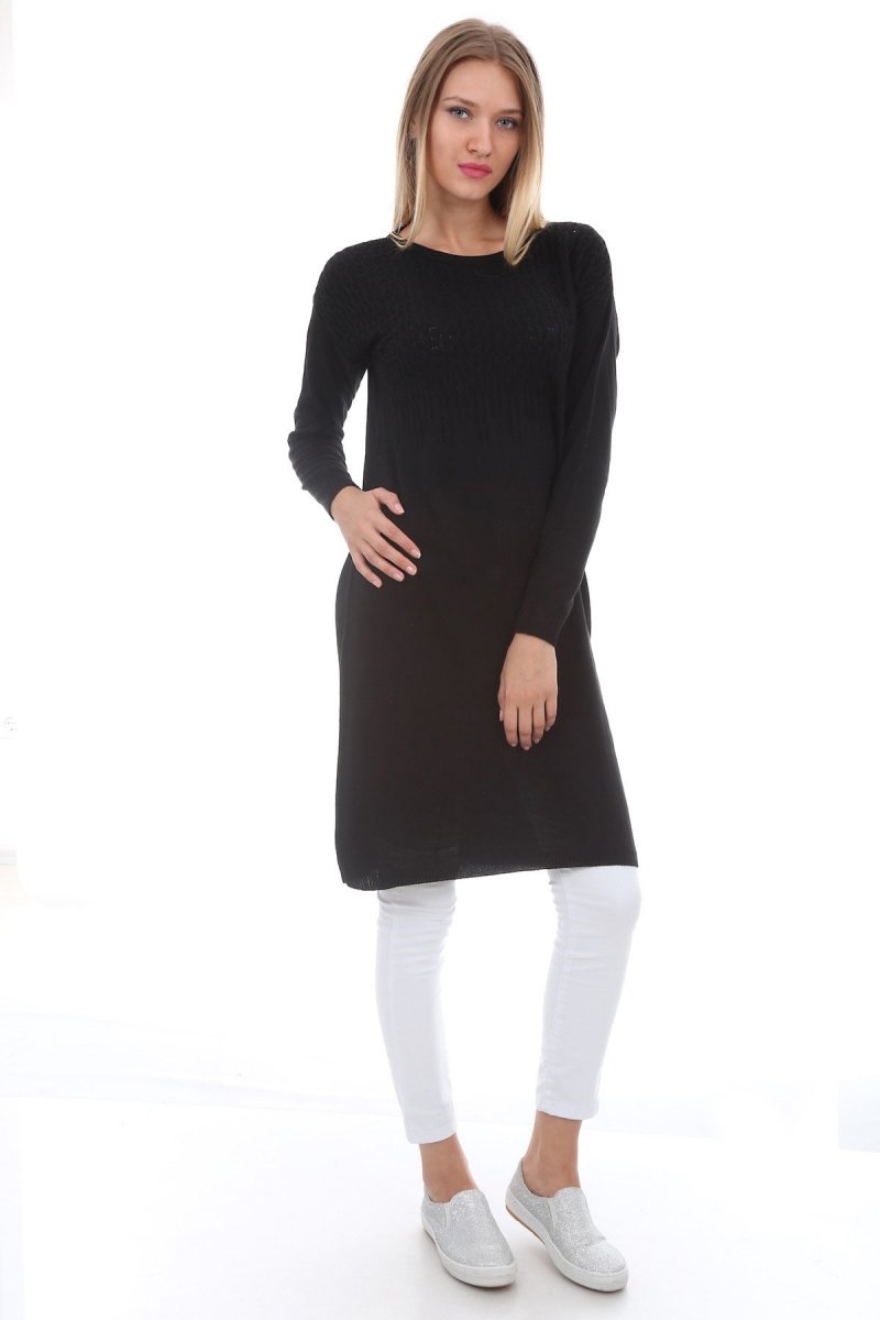 15207 OMUZU DESENLİ TRİKO TUNİK - Siyah - BİGDART