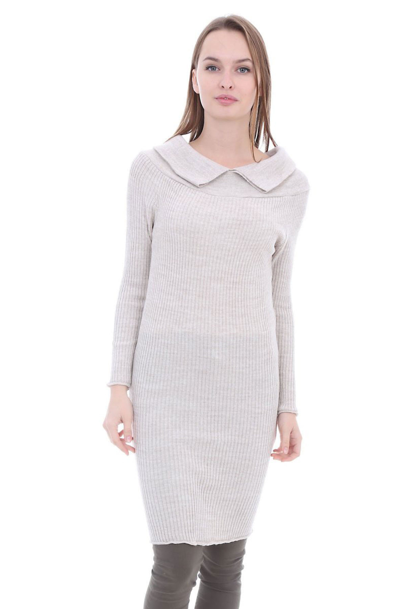 15214 DEGAJE YAKA TRİKO ELBİSE - Ekru - BİGDART