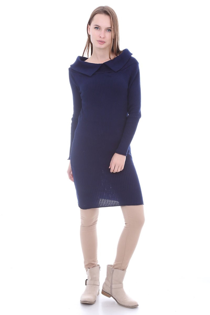 15214 DEGAJE YAKA TRİKO ELBİSE - Lacivert - BİGDART