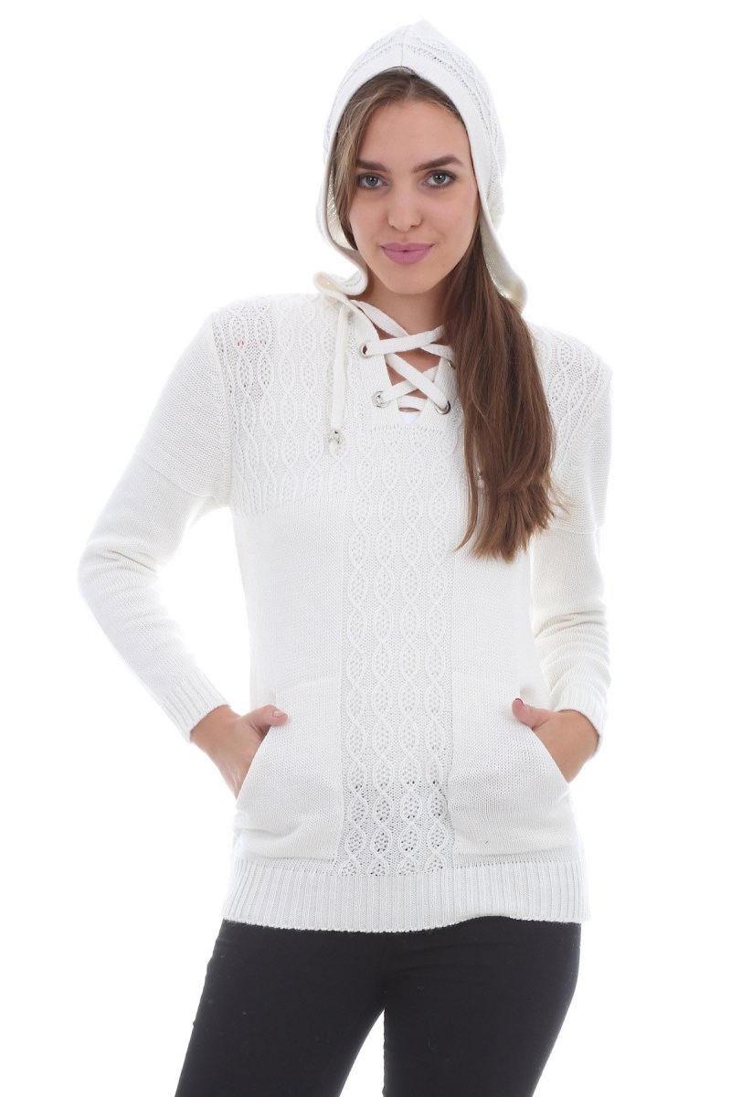 15215 KAPŞONLU TRİKO KAZAK - Ekru - BİGDART