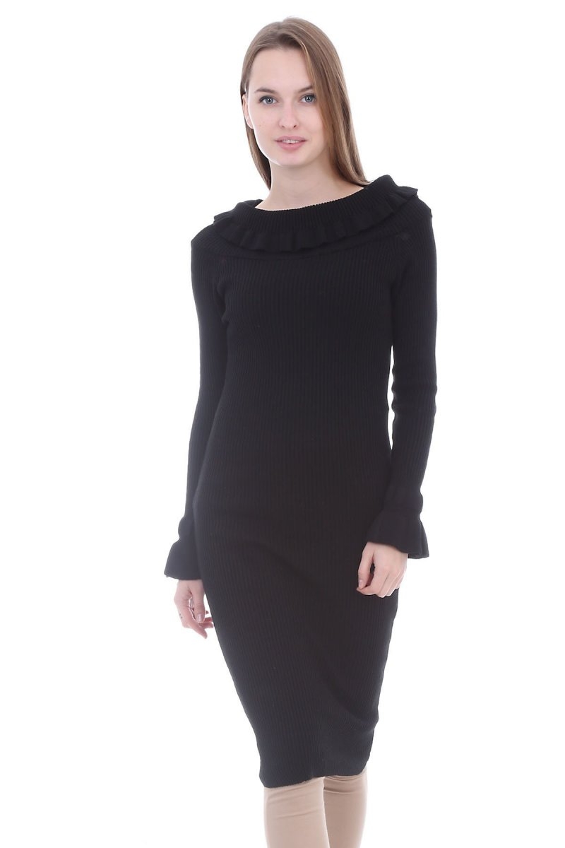 15218 KAYIK YAKA TRİKO ELBİSE - Siyah - BİGDART