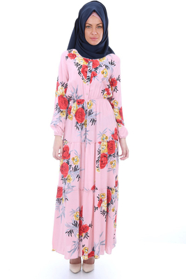 1522 BELDEN LASTİKLİ DESENLİ TESETTÜR ELBİSE - Pudra - BİGDART