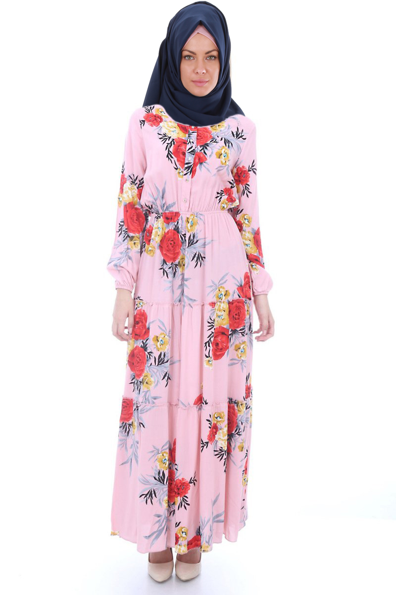 1522 BELDEN LASTİKLİ DESENLİ TESETTÜR ELBİSE - Pudra - BİGDART