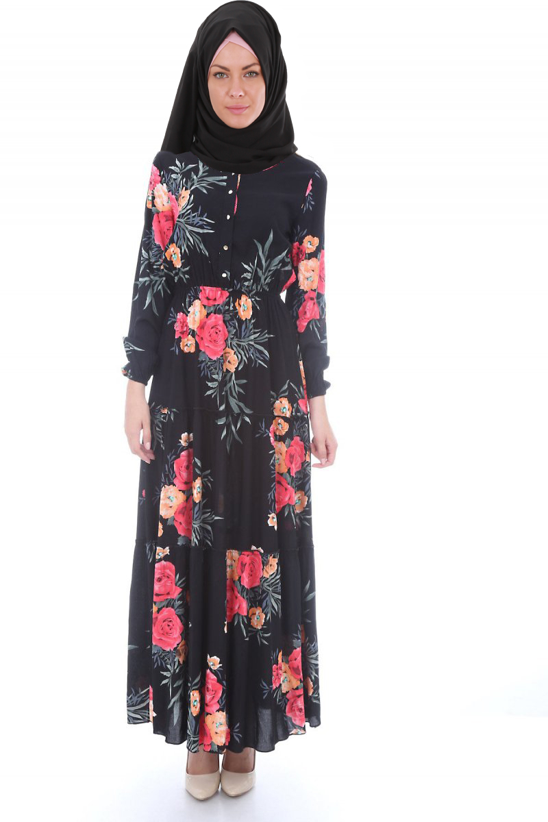 1522 BELDEN LASTİKLİ DESENLİ TESETTÜR ELBİSE - Siyah - BİGDART