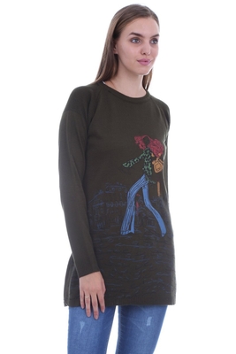 15224 ÖNÜ BASKILI TRİKO TUNİK - Haki - BİGDART