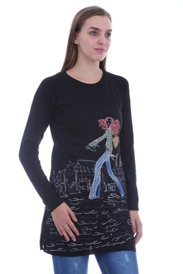 15224 ÖNÜ BASKILI TRİKO TUNİK - Siyah - BİGDART