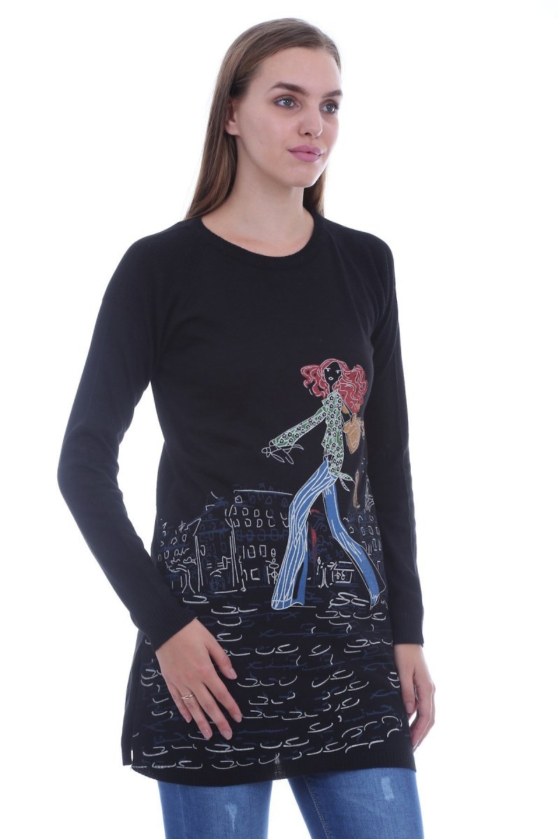 15224 ÖNÜ BASKILI TRİKO TUNİK - Siyah - BİGDART