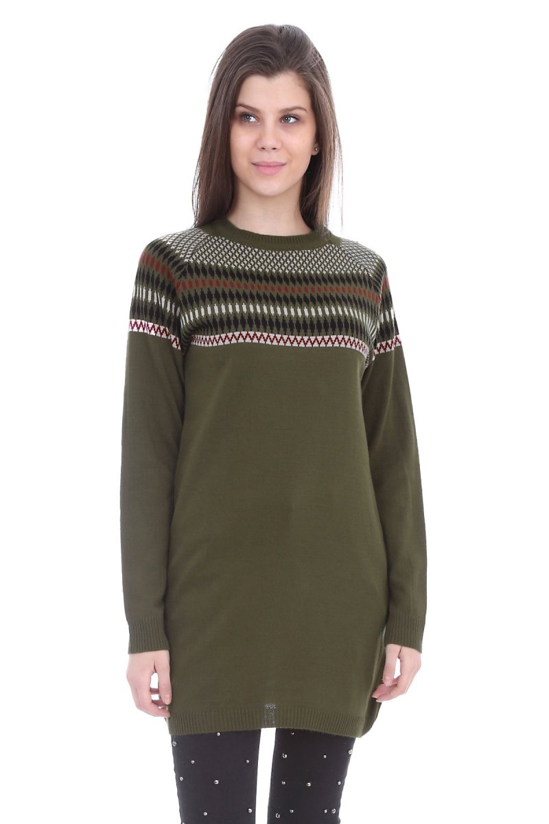 15237 KİLİM DESEN TRİKO TUNİK - Haki - BİGDART