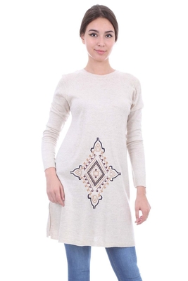 15239 NAKIŞLI TRİKO TUNİK - Bej - BİGDART